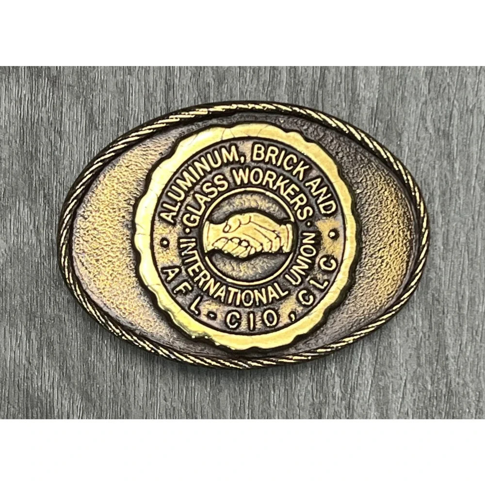 Vintage Aluminum Brick Glass Workers Union Belt Buckle Gold Tone USA AFL CIO